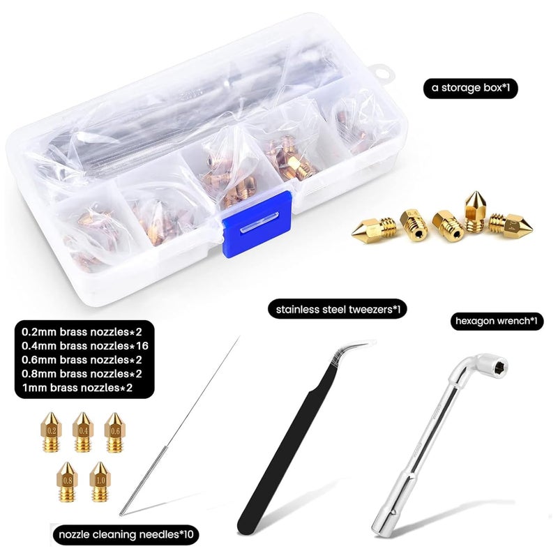 Comgrow 24 قطعة فوهات MK8 لطابعات 3D من النحاس 0.2 مم/0.4 مم/0.6 مم/0.8 مم/1.0 مم، فوهات نحاسية ساخنة لطابعات 3D مع صندوق تخزين أدوات DIY لطابعة Creality Ender 3/Ender 3 Pro/Ender 3 S1/CR 10 - Image 2